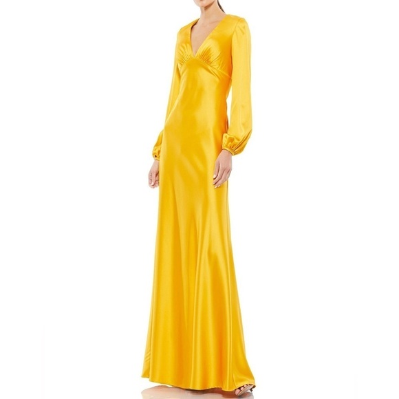 Ieena for Mac Duggal V-Neck Princess Bell Long Dress yellow gown plus size 14 - Picture 14 of 14